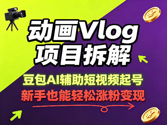 动画Vlog项目拆解，豆包AI辅助短视频起号，新手也能轻松涨粉，43条作品涨粉8.3W-如意资源库