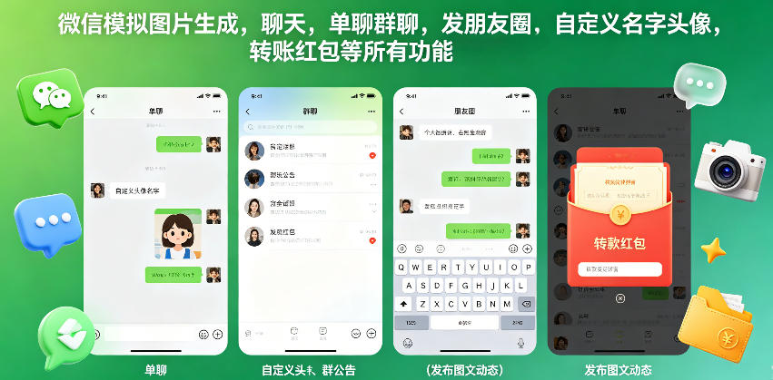 微信模拟图片生成，聊天，单聊群聊，发朋友圈，自定义名字头像，转账红包等所有功能都可以生成-如意资源库