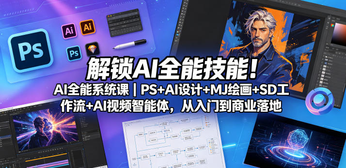 解锁AI全能技能！AI全能系统课｜PS+AI设计+MJ绘画+SD工作流+AI视频智能体，从入门到商业落地-如意资源库