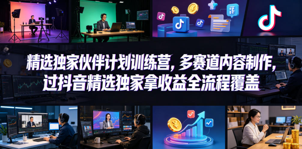 小豁食堂精选独家伙伴计划训练营，多赛道内容制作，过抖音精选独家拿收益全流程覆盖-如意资源库