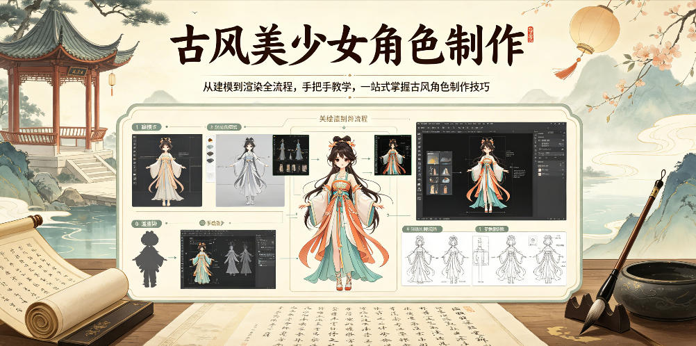 古风美少女角色制作，从建模到渲染全流程，手把手教学，一站式掌握古风角色制作技巧-如意资源库