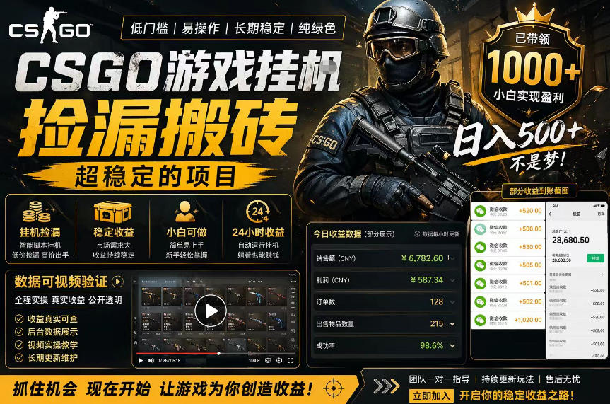CSGO游戏搬砖，全自动挂G，不需要玩游戏，手机操作日入300+，解放双手【揭秘】-如意资源库