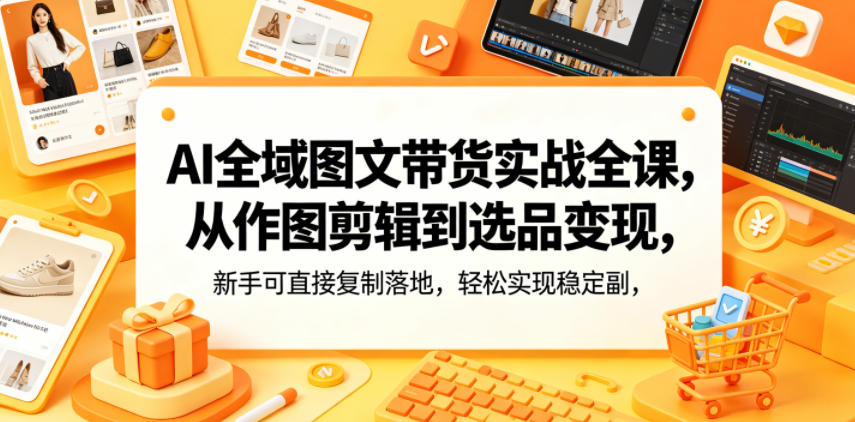 AI全域图文带货实战全课，从作图剪辑到选品变现，新手可直接复制落地，轻松实现稳定副业增收-如意资源库