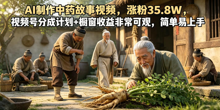 AI制作中药故事视频，涨粉35.8W，视频号分成计划+橱窗收益非常可观，简单易上手-如意资源库