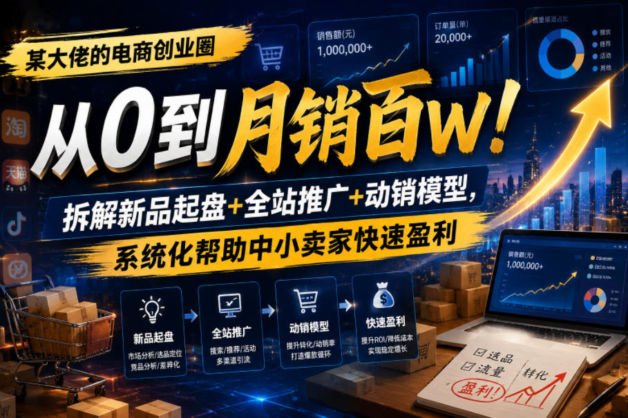 某大佬的电商创业圈从0到月销百W！拆解新品起盘+全站推广+动销模型，系统化帮助中小卖家快速盈利-如意资源库