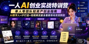 一人AI创业实战特训营，单人零团队轻资产创业指南，AI数字人+IP打造+短视频流量全套路落地变现教程-如意资源库