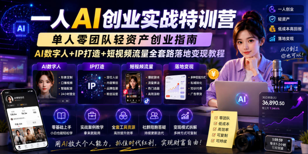 一人AI创业实战特训营，单人零团队轻资产创业指南，AI数字人+IP打造+短视频流量全套路落地变现教程-如意资源库