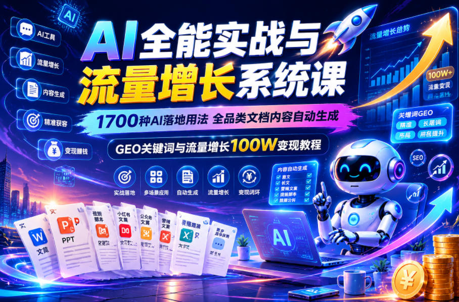 AI全能实战与流量增长系统课，1700种AI落地用法，全品类文档内容自动生成，GEO关键词与流量增长100W变现教程-如意资源库