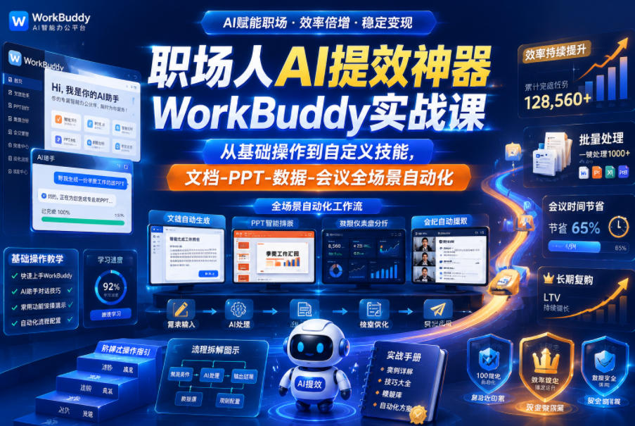 职场人AI提效神器WorkBuddy实战课，从基础操作到自定义技能，文档-PPT-数据-会议全场景自动化-如意资源库