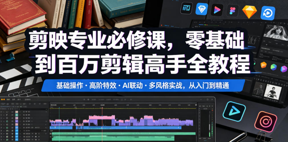 剪映专业必修课，零基础到百万剪辑高手全教程，基础操作・高阶特效・AI联动・多风格实战，从入门到精通-如意资源库