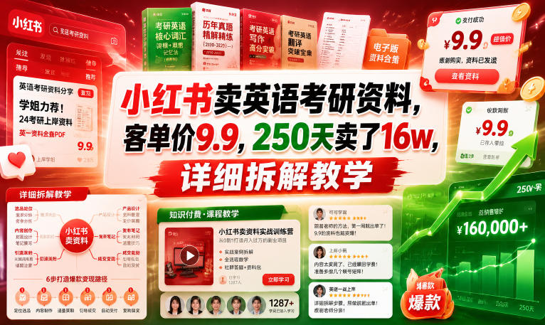 小红书卖英语考研资料，客单价9.9，250天卖了16w，详细拆解教学-如意资源库