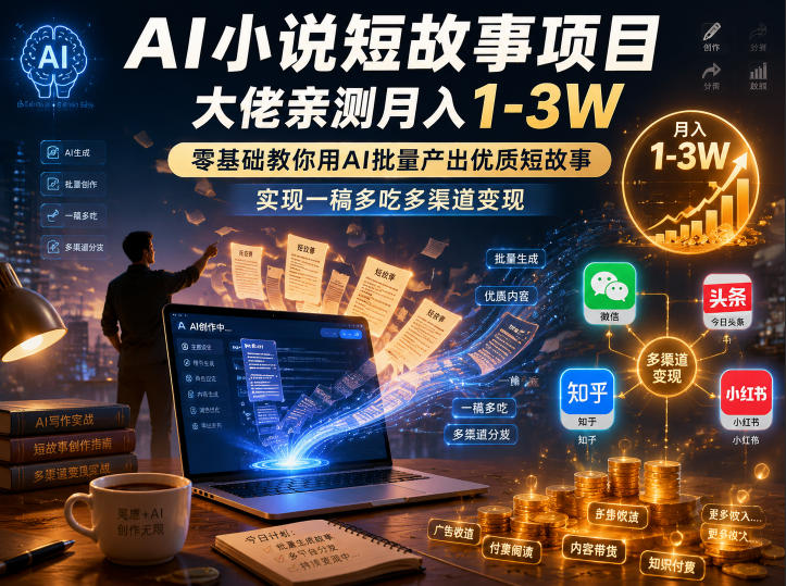 AI小说短故事项目,大佬亲测月入1-3W,零基础教你用AI批量产出优质短故事,实现一稿多吃多渠道变现(更新)