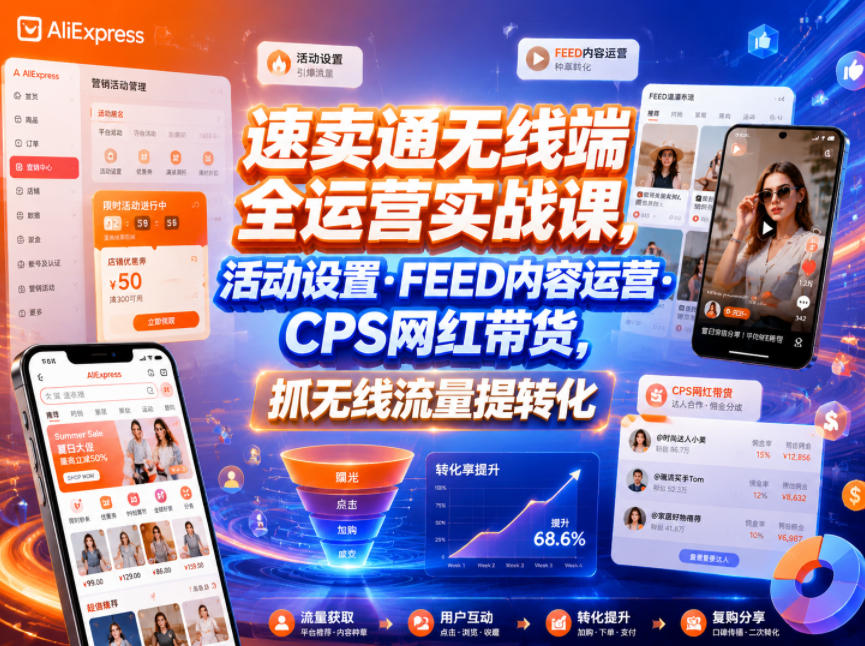速卖通无线端全运营实战课，活动设置・FEED内容运营・CPS网红带货，抓无线流量提转化-如意资源库