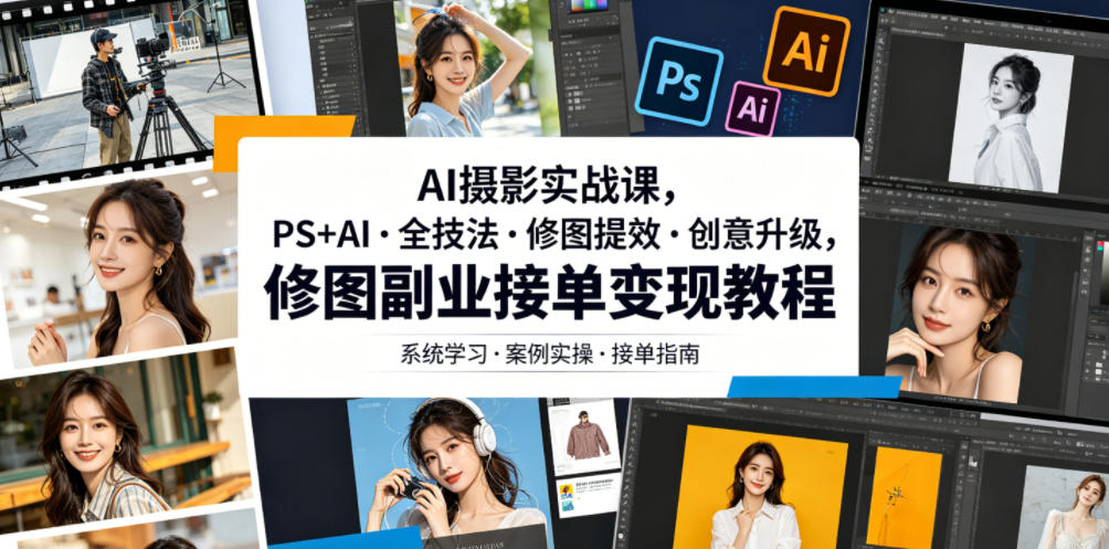AI摄影实战课，PS+AI・全技法・修图提效・创意升级，修图副业接单变现教程-如意资源库
