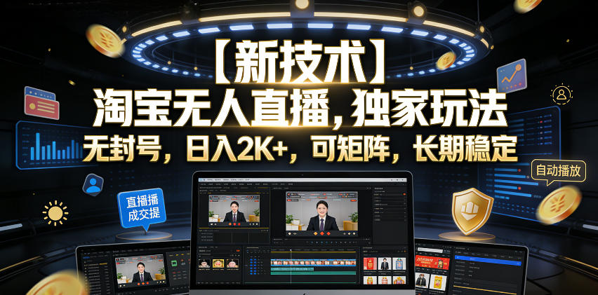 【新技术】淘宝无人直播，独家玩法，无封号，日入2K+，可矩阵，长期稳定【揭秘】-如意资源库