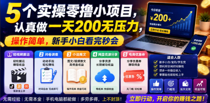5个实操零撸小项目，认真做一天200无压力，操作简单，新手小白看完秒会【揭秘】-如意资源库