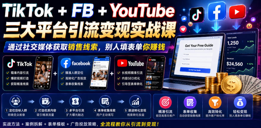 TikTok+FB+YouTube三大平台引流变现实战课，通过社交媒体获取销售线索，别人填表单你賺钱【原创双语字幕】-如意资源库