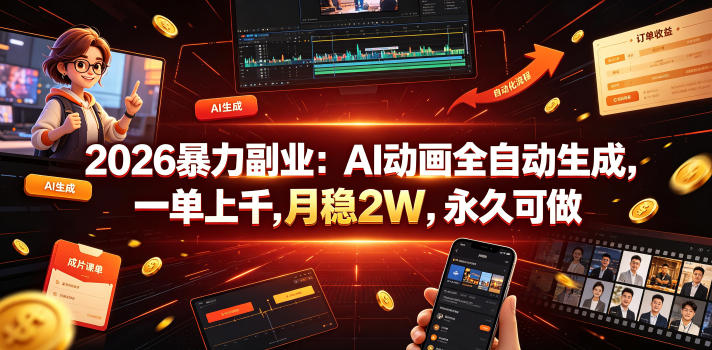 2026暴力副业：AI动画全自动生成，一单上千，月稳2W，永久可做【揭秘】-如意资源库