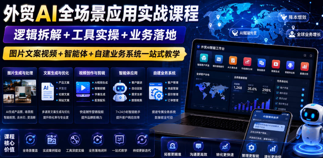 外贸AI全场景应用实战课程｜逻辑拆解+工具实操+业务落地，图片文案视频+智能体+自建业务系统一站式教学-如意资源库