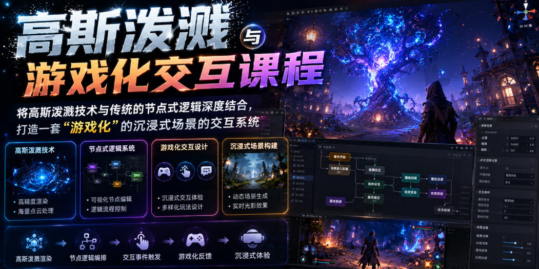 高斯泼溅与游戏化交互课程，将高斯泼溅技术与传统的节点式逻辑深度结合，打造一套“游戏化”的沉浸式场景的交互系统-如意资源库
