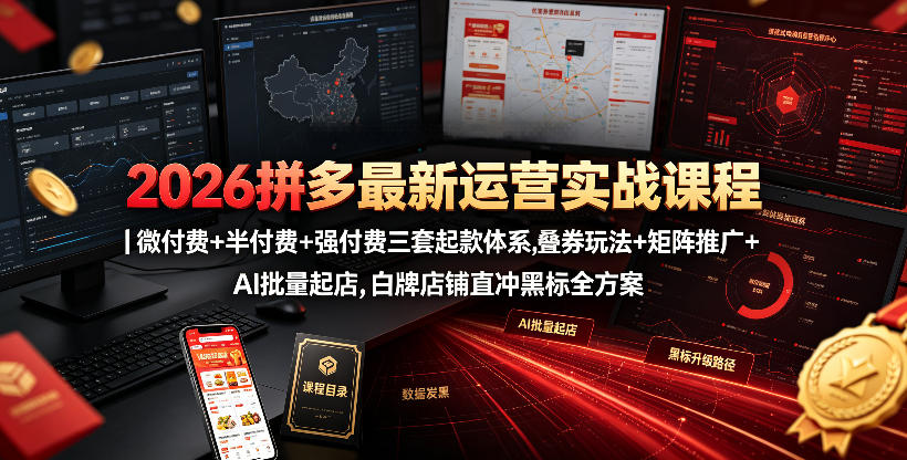 2026拼多多最新运营实战课程｜微付费+半付费+强付费三套起款体系，叠券玩法+矩阵推广+AI批量起店，白牌店铺直冲黑标全方案-如意资源库