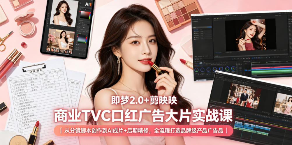 即梦2.0+剪映商业TVC口红广告大片实战课｜从分镜脚本创作到AI成片+后期精修，全流程打造品牌级产品广告-如意资源库