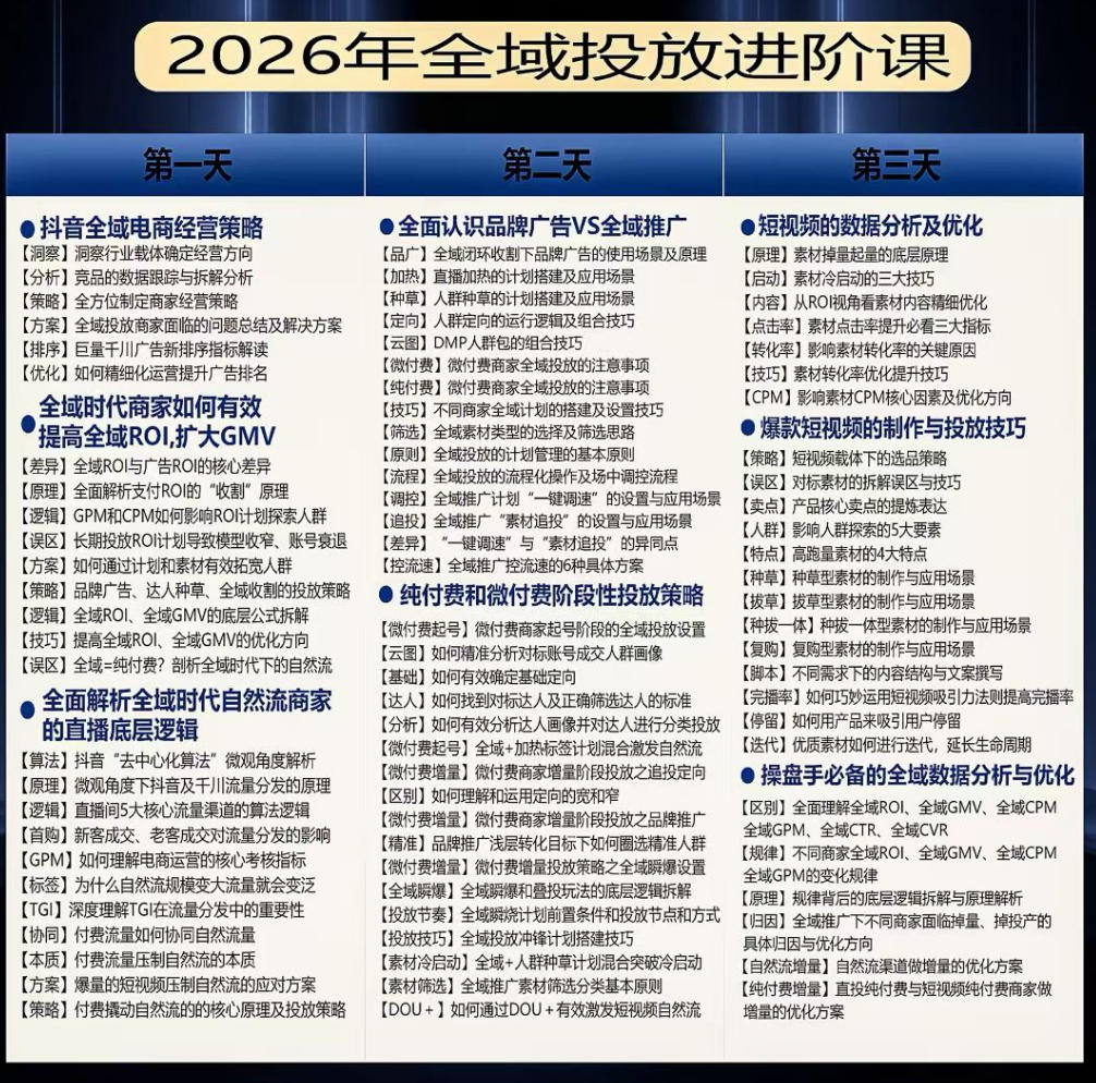 千川扫地僧2026抖音全域投放进阶课，少走弯路·快速起量·掌控增长，6月12-14号杭州线下课-如意资源库