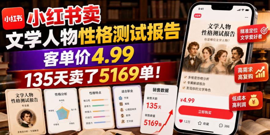 小红书卖文学人物性格测试报告，客单价4.99，135天卖了5169单！-如意资源库