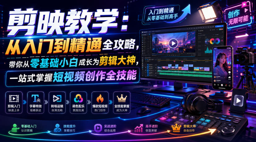 剪映教学：从入门到精通全攻略，带你从零基础小白成长为剪辑大神，一站式掌握短视频创作全技能-如意资源库