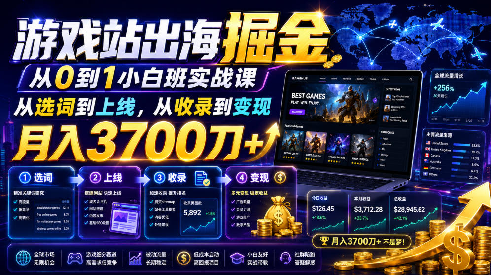 游戏站出海掘金从0到1小白实战课，从选词到上线，从收录到变现，月入3700刀+-如意资源库