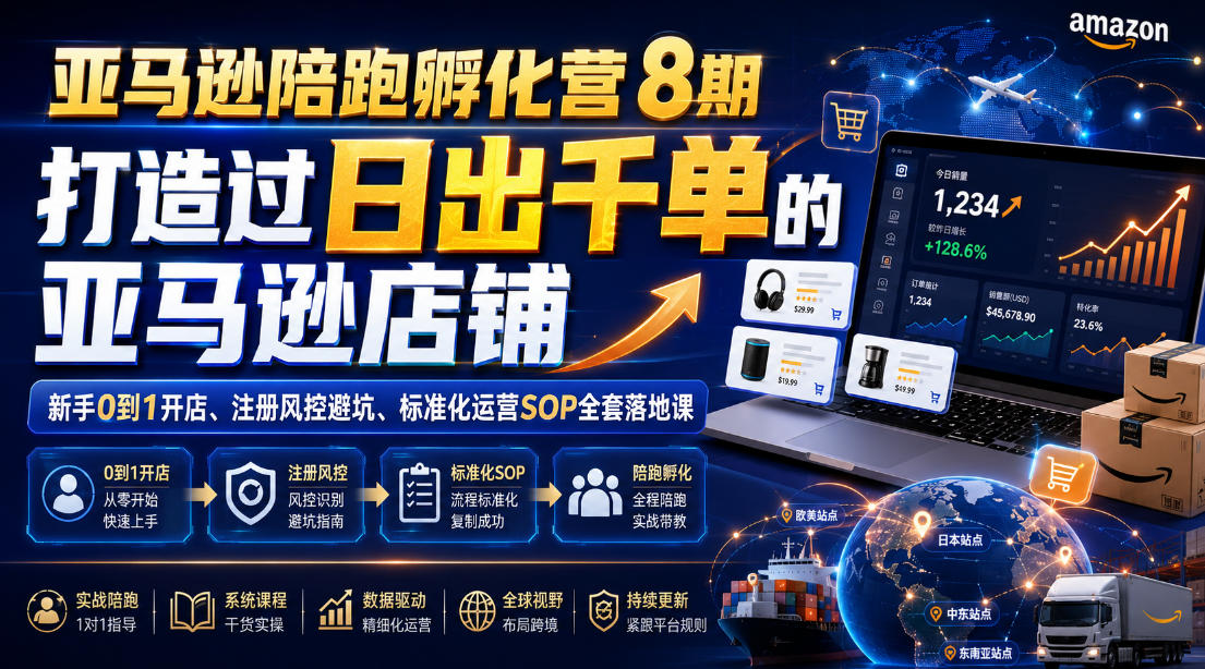 亚马逊陪跑孵化营8期，打造过日出千单的亚马逊店铺，新手0到1开店、注册风控避坑、标准化运营SOP全套落地课-如意资源库