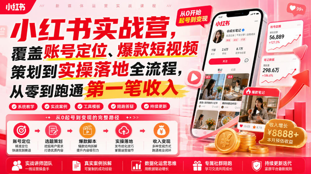 小红书实战营，覆盖账号定位、爆款短视频策划到实操落地全流程，从零到跑通第一笔收入-如意资源库