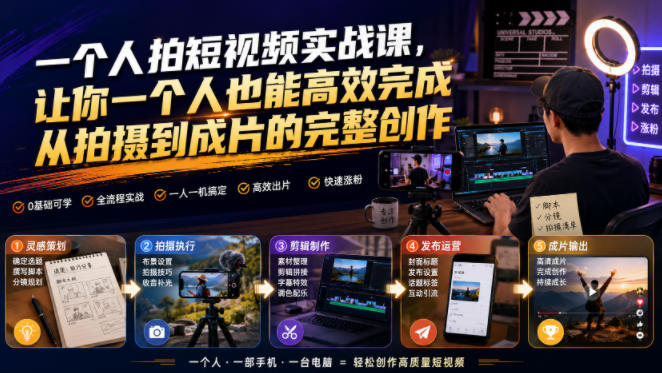 一个人拍短视频实战课，让你一个人也能高效完成从拍摄到成片的完整创作-如意资源库