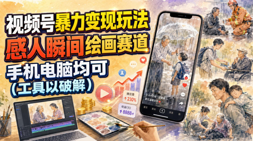 视频号暴力变现玩法，感人瞬间绘画赛道，手机电脑均可-如意资源库