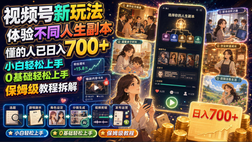 视频号新玩法体验不同人生副本，懂的人已日入700+，小白轻松上手，0基础轻松上手，保姆级教程拆解-如意资源库