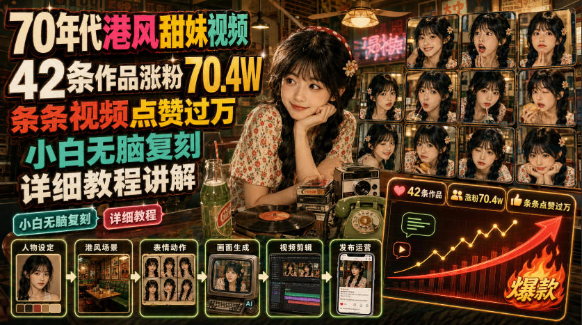 70年代港风甜妹视频，42条作品涨粉70.4W，条条视频点赞过万，小白无脑复刻，详细教程讲解-如意资源库