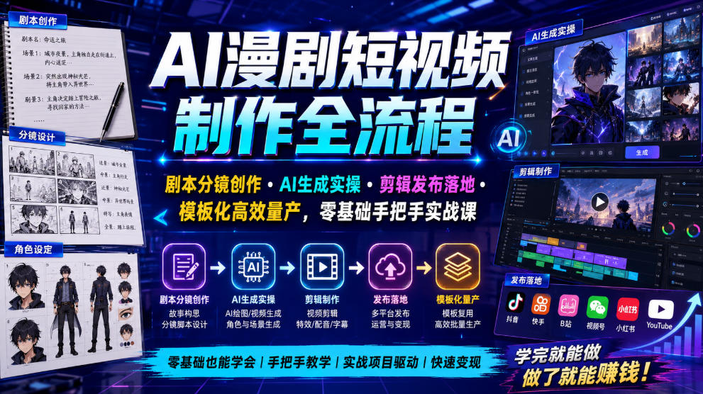 AI漫剧短视频制作全流程｜剧本分镜创作・AI生成实操・剪辑发布落地・模板化高效量产，零基础手把手实战课-如意资源库