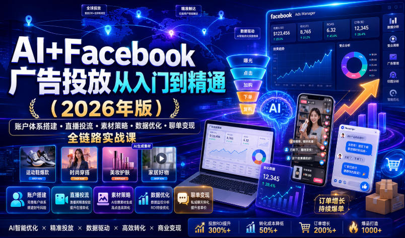 AI+Facebook广告投放从入门到精通（2026年版）｜账户体系搭建・直播投流・素材策略・数据优化・聊单变现全链路实战课-如意资源库