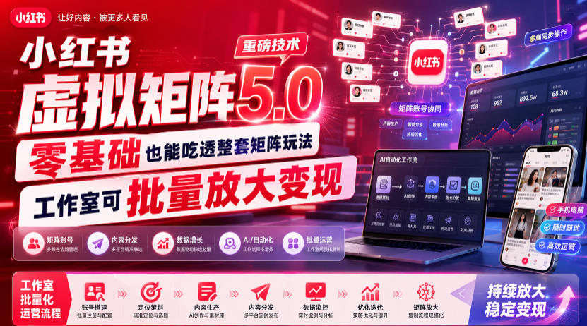 小红书虚拟矩阵5.0重磅技术，零基础也能吃透整套矩阵玩法，工作室可批量放大变现-如意资源库