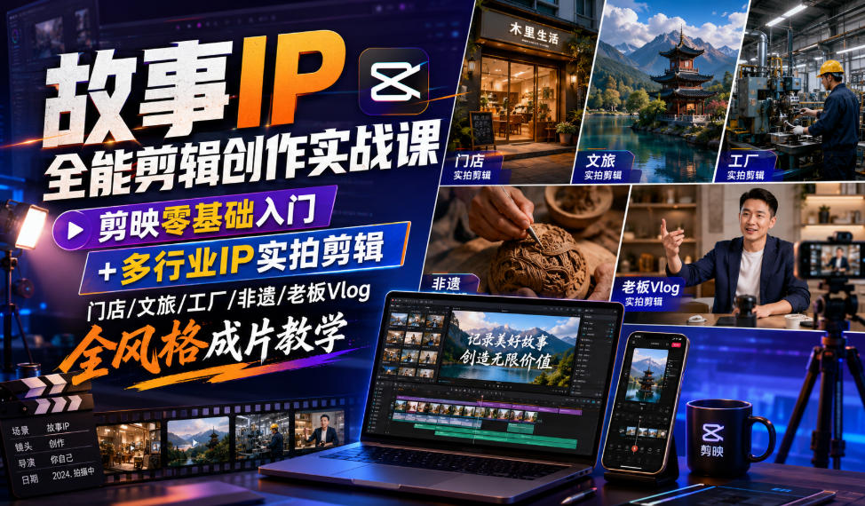 故事IP全能剪辑创作实战课｜剪映零基础入门+多行业IP实拍剪辑，门店/文旅/工厂/非遗/老板Vlog全风格成片教学-如意资源库