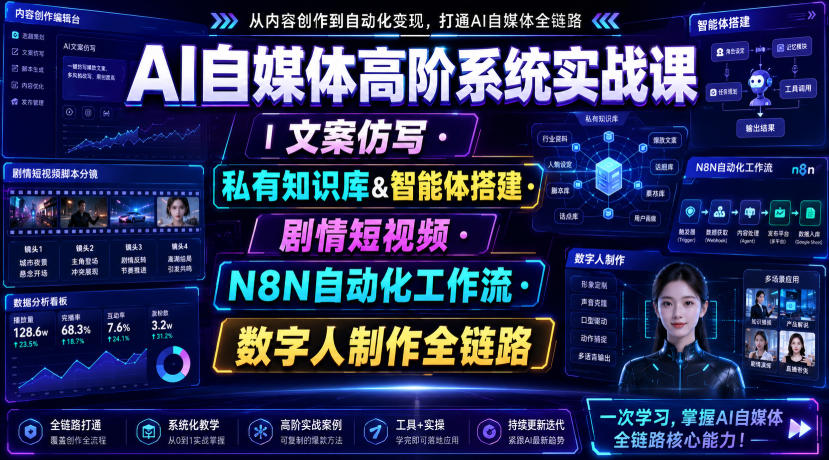 AI自媒体高阶系统实战课｜文案仿写・私有知识库&智能体搭建・剧情短视频・N8N自动化工作流・数字人制作全链路-如意资源库