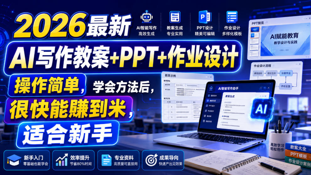 2026最新AI写作教案+PPT+作业设计，操作简单，学会方法后，很快能賺到米，适合新手-如意资源库