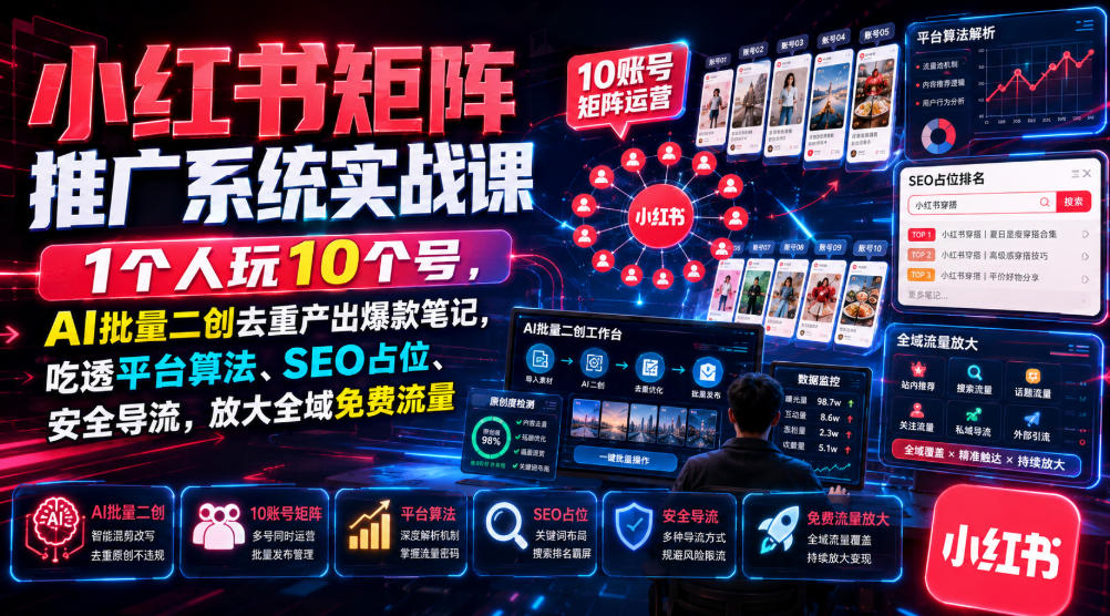 小红书矩阵推广系统实战课｜1个人玩10个号，AI批量二创去重产出爆款笔记，吃透平台算法、SEO占位、安全导流，放大全域免费流量-如意资源库