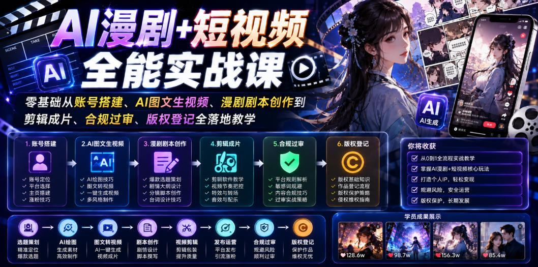 AI漫剧+短视频全能实战课｜零基础从账号搭建、AI图文生视频、漫剧剧本创作到剪辑成片、合规过审、版权登记全落地教学-如意资源库
