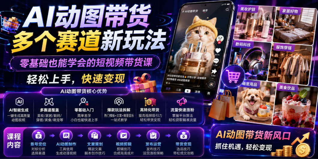 AI动图带货多个赛道新玩法，零基础也能学会的短视频带货课，轻松上手，快速变现-如意资源库