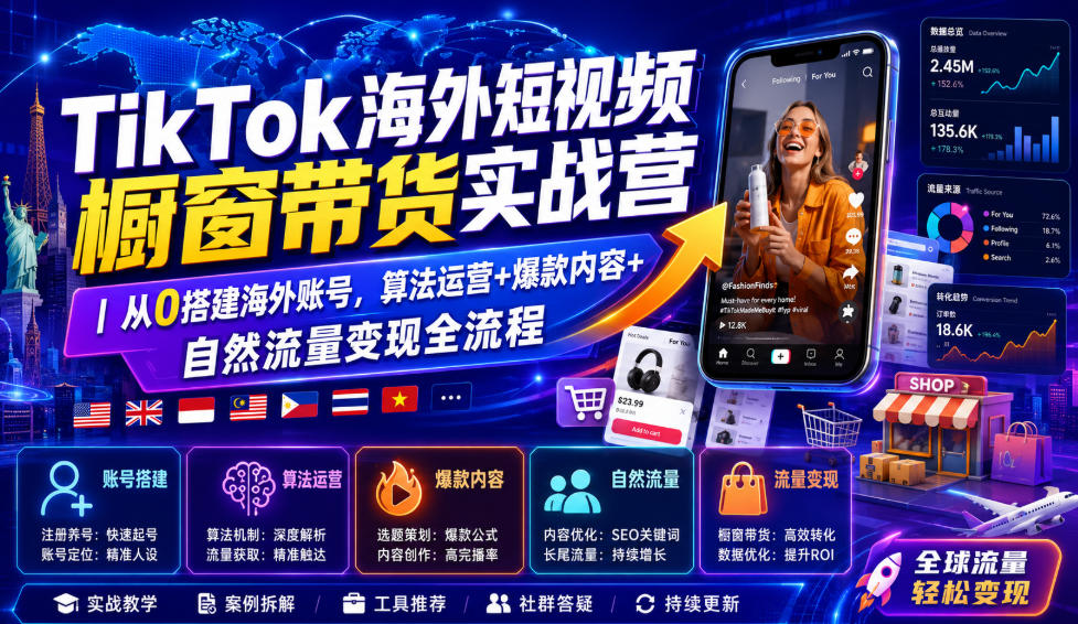 TikTok海外短视频橱窗带货实战营｜从0搭建海外账号，算法运营+爆款内容+自然流量变现全流程-如意资源库