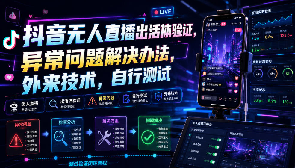 抖音无人直播出活体验证，异常问题解决办法，外来技术，自行测试-如意资源库