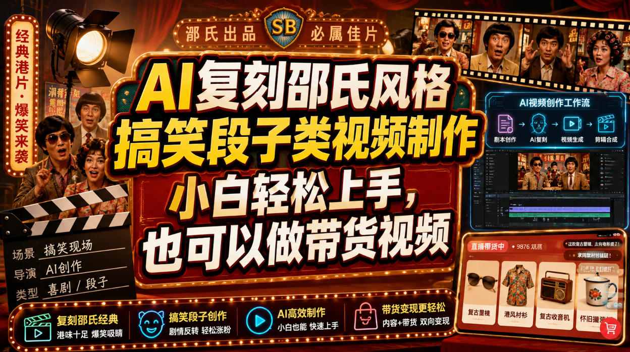 AI复刻邵氏风格搞笑段子类视频制作，小白轻松上手，也可以做带货视频-如意资源库