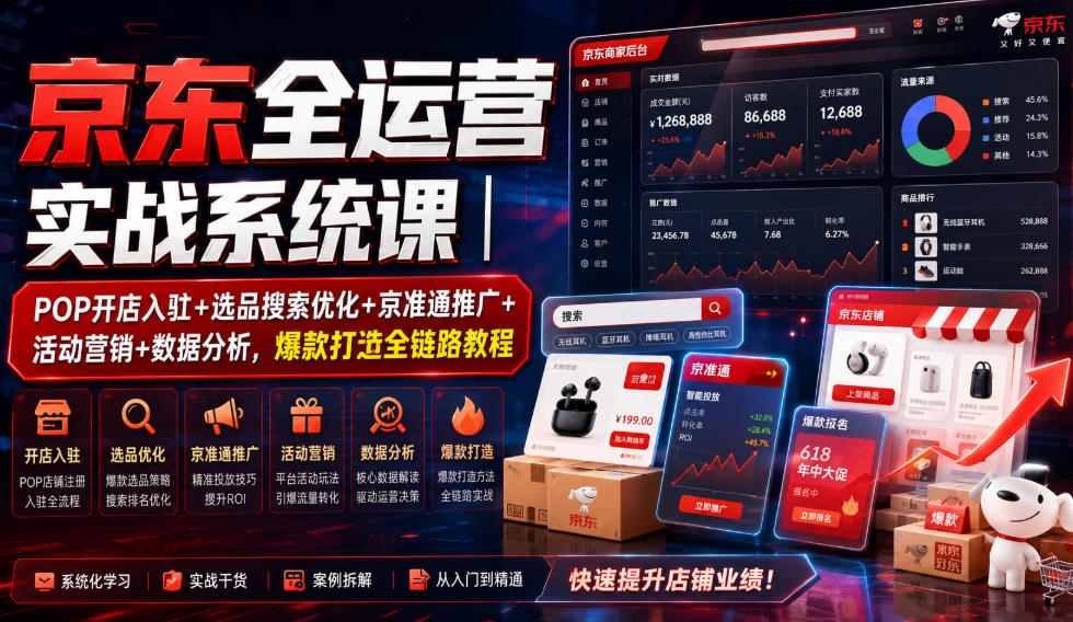 京东全运营实战系统课｜POP开店入驻+选品搜索优化+京准通推广+活动营销+数据分析，爆款打造全链路教程-如意资源库