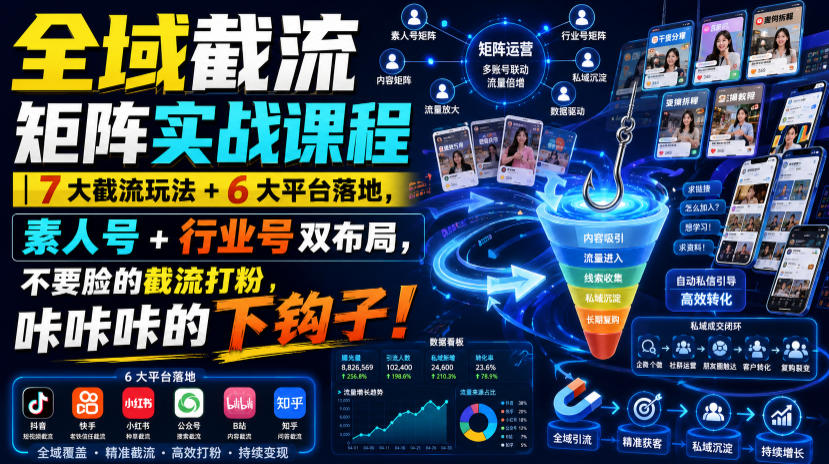 全域截流矩阵实战课程｜7大截流玩法+6大平台落地，素人号+行业号双布局，不要脸的截流打粉，咔咔咔的下钩子！-如意资源库